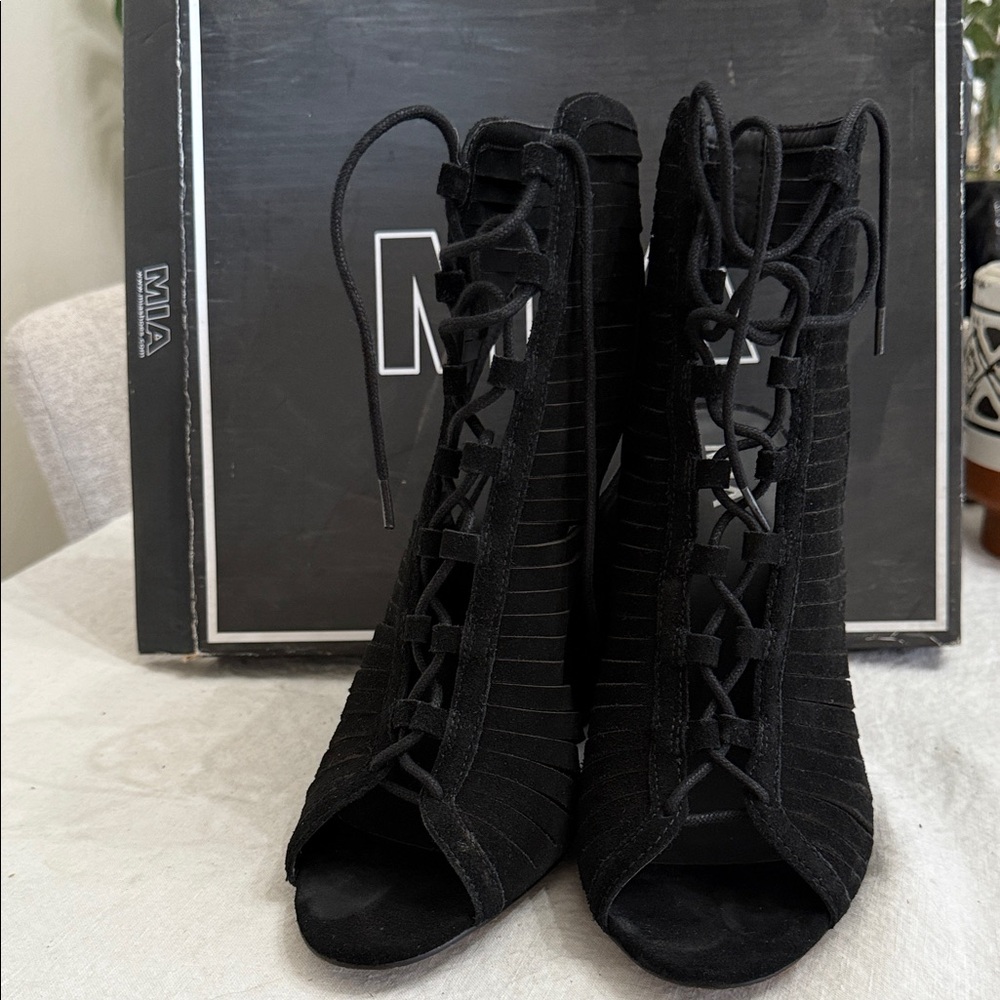 MIA Black Lace-Up Heeled Sandals